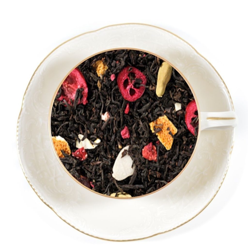 santa berry black tea in a white tea cup and saucer