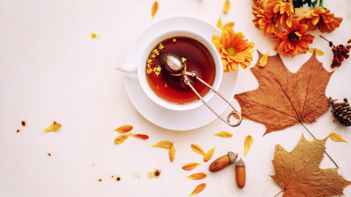 autumn leaves surrounding a cup of loose leaf tea on a white table