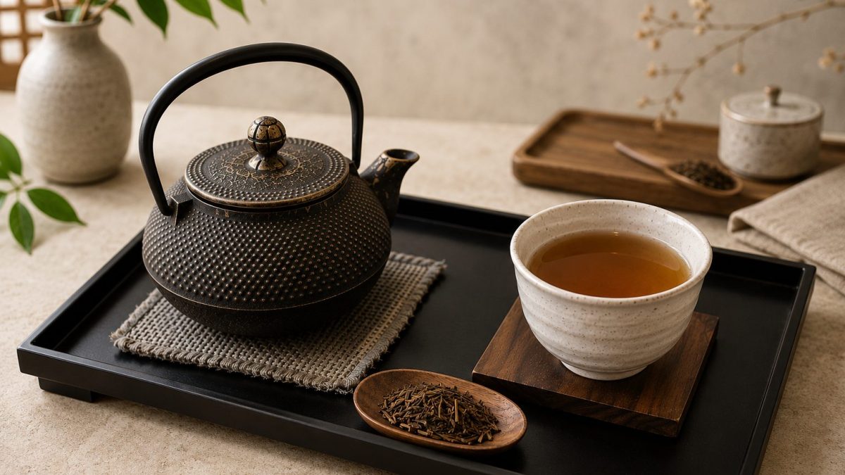 a tray with a cast iron tea pot, porcelain tea bowl filled with tea and a pot with hojicha leaves on it.