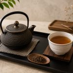 a tray with a cast iron tea pot, porcelain tea bowl filled with tea and a pot with hojicha leaves on it.