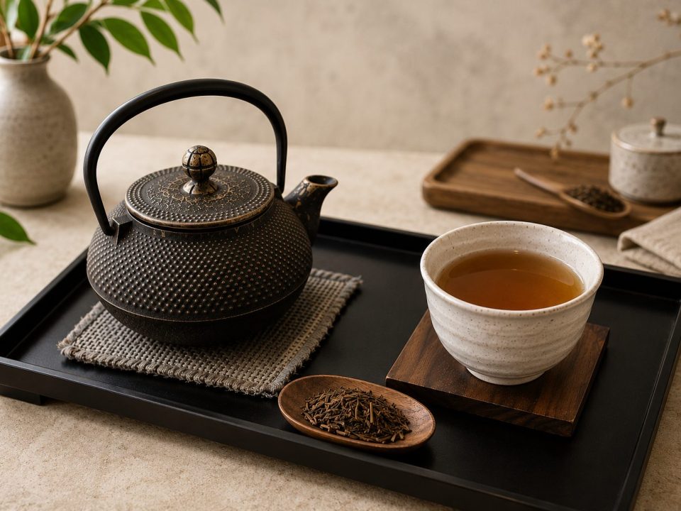 a tray with a cast iron tea pot, porcelain tea bowl filled with tea and a pot with hojicha leaves on it.