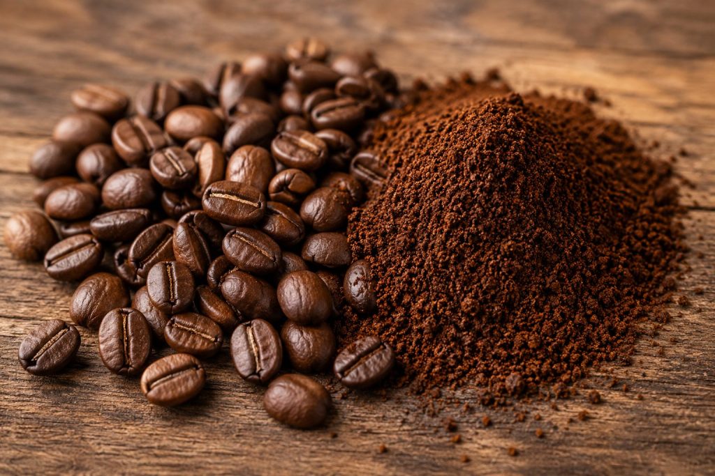 a wooden tale with a pile of whole coffee beans next to ground coffee beans