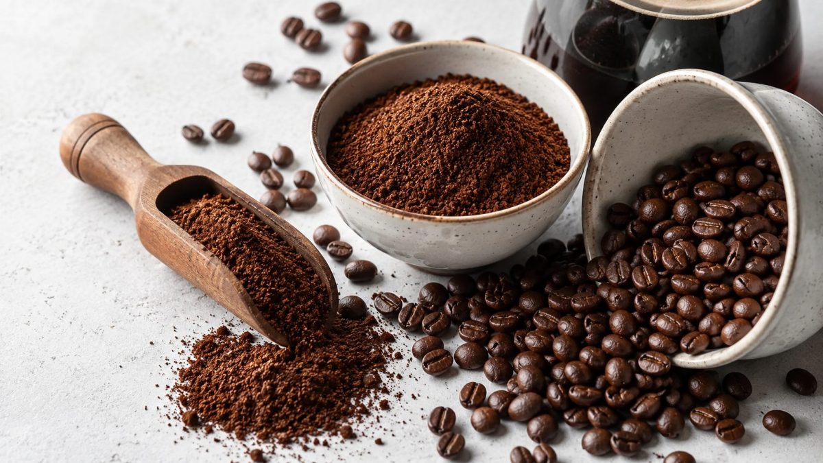 a selection of ground coffee and coffee eans in bowls and on a scoop