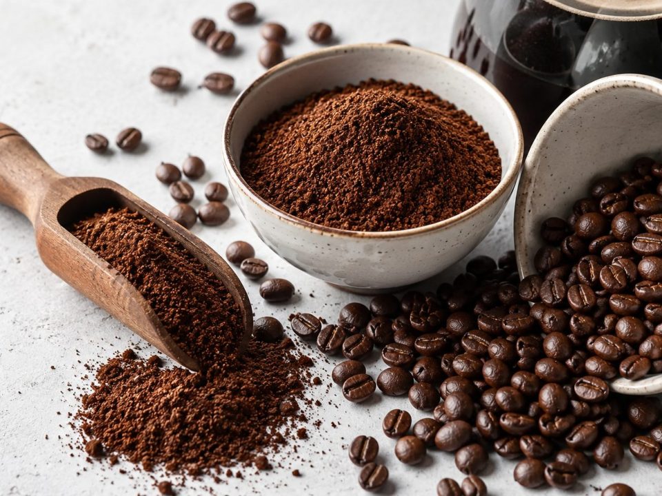 a selection of ground coffee and coffee eans in bowls and on a scoop