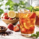 A glass of refreshing iced tea with ice cubes and fruit sits on a table with a bowl of strawberries and sliced lemon in the background.