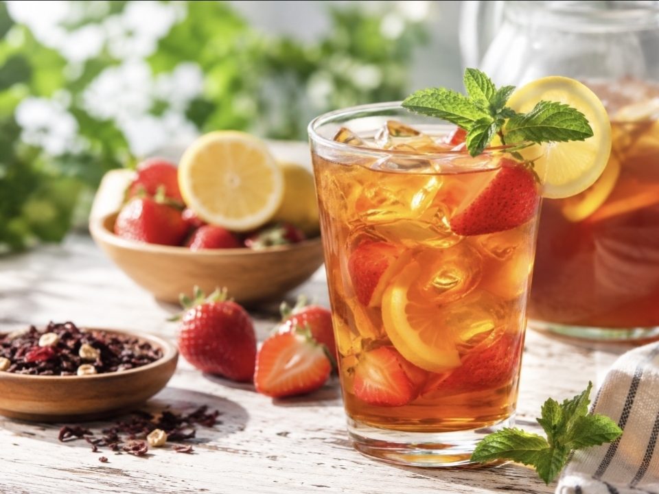 A glass of refreshing iced tea with ice cubes and fruit sits on a table with a bowl of strawberries and sliced lemon in the background.